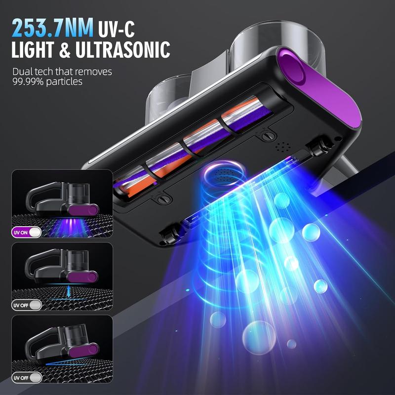JPHYLL Mattress Mite Remover Vacuum Cleaner - 6 in 1 Lightweight Handheld with LED Display, 16KPa Strong Suction, 380W Powerful Brushless Motor, UV-C Light, Suitable for Pet Hair and Carpets