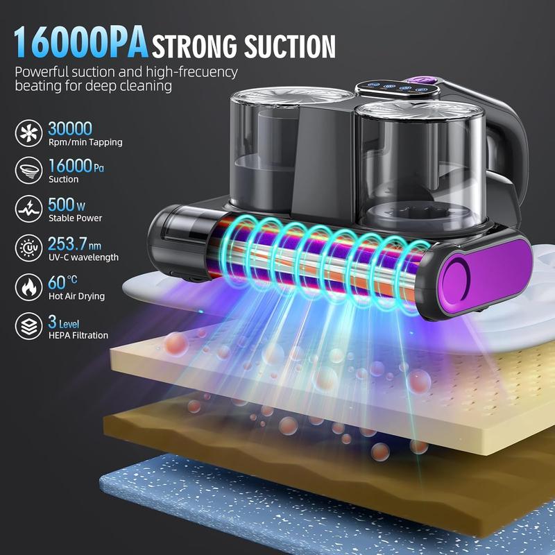 JPHYLL Mattress Mite Remover Vacuum Cleaner - 6 in 1 Lightweight Handheld with LED Display, 16KPa Strong Suction, 380W Powerful Brushless Motor, UV-C Light, Suitable for Pet Hair and Carpets