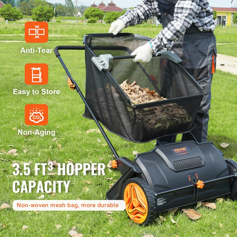 VEVOR Push Lawn Sweeper, Various specifications, Leaf & Grass Collector, Strong Rubber Wheels & Heavy Duty Thickened Steel Durable to Use with Large Capacity. Mesh Collection Hopper Bag, Spinning Brushes